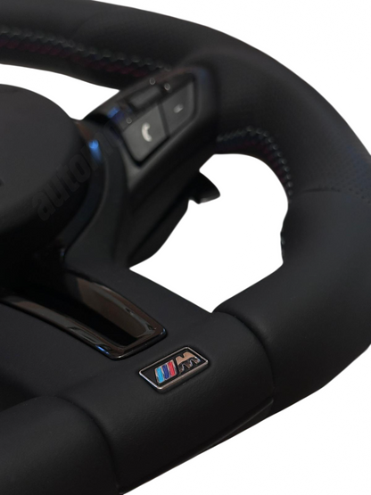 BLACKED OUT LEATHER FLAT BOTTOM M STYLE STEERING WHEEL - F SERIES