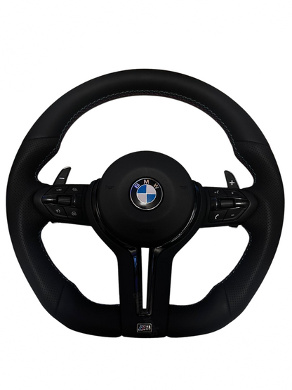 BLACKED OUT LEATHER FLAT BOTTOM M STYLE STEERING WHEEL - F SERIES