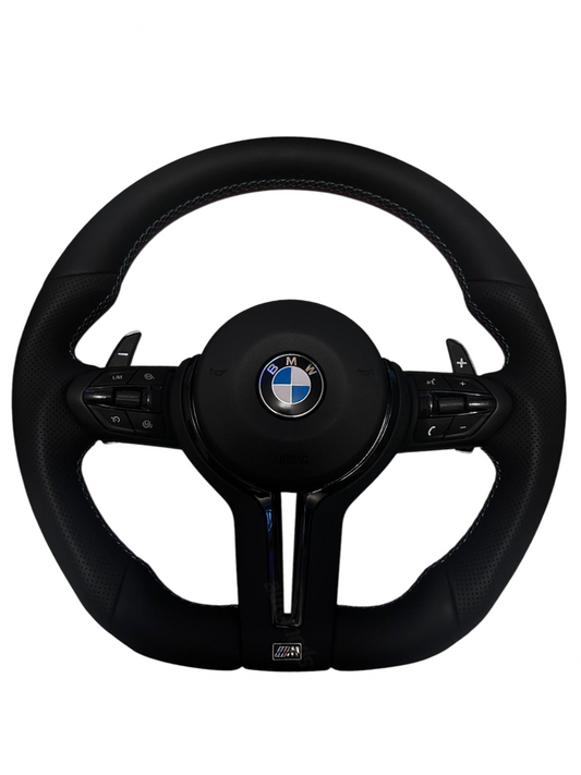 BLACKED OUT LEATHER FLAT BOTTOM M STYLE STEERING WHEEL - F SERIES