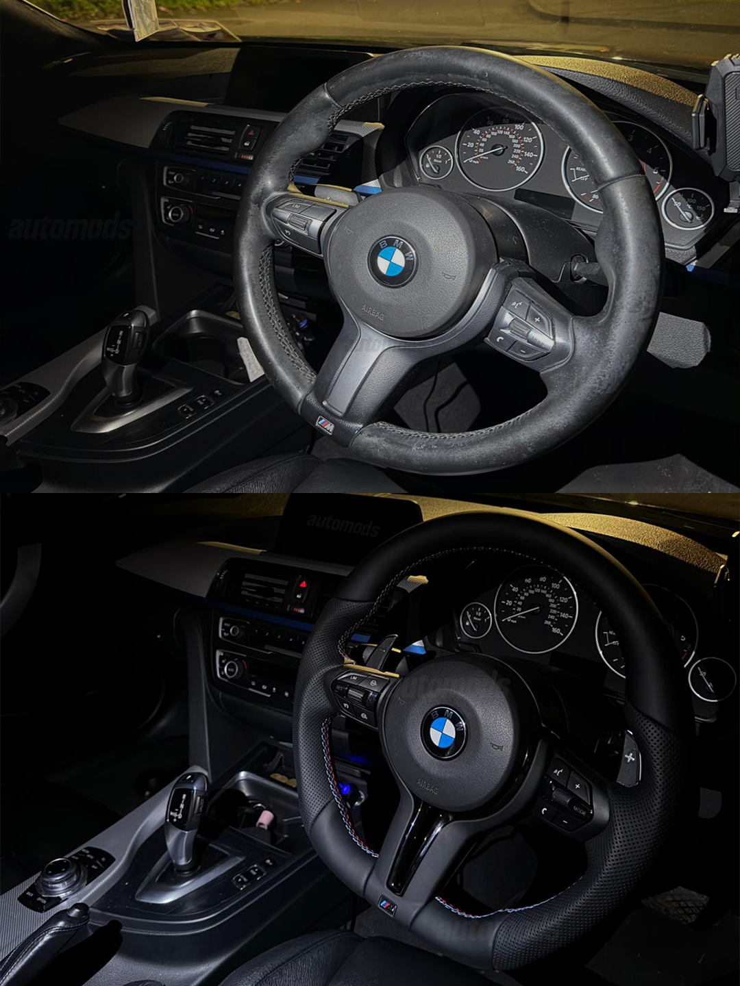 BLACKED OUT LEATHER FLAT BOTTOM M STYLE STEERING WHEEL - F SERIES