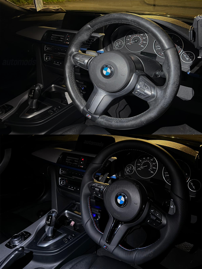 BLACKED OUT LEATHER FLAT BOTTOM M STYLE STEERING WHEEL - F SERIES